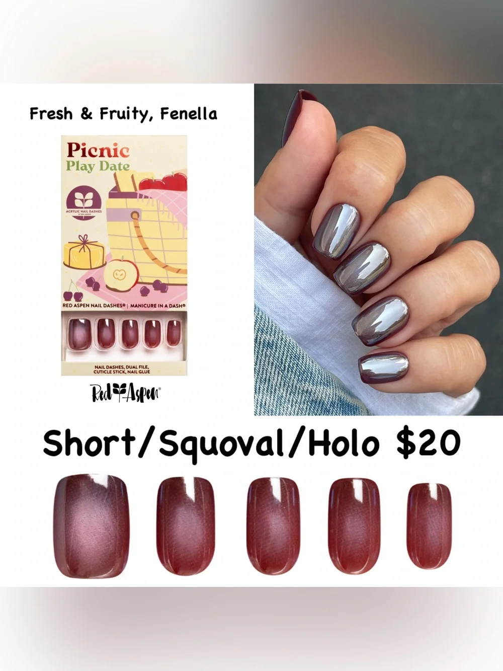 Red Aspen Picnic Play Date Short Squoval Holo Press-On Nails - Warm Berry Brown
